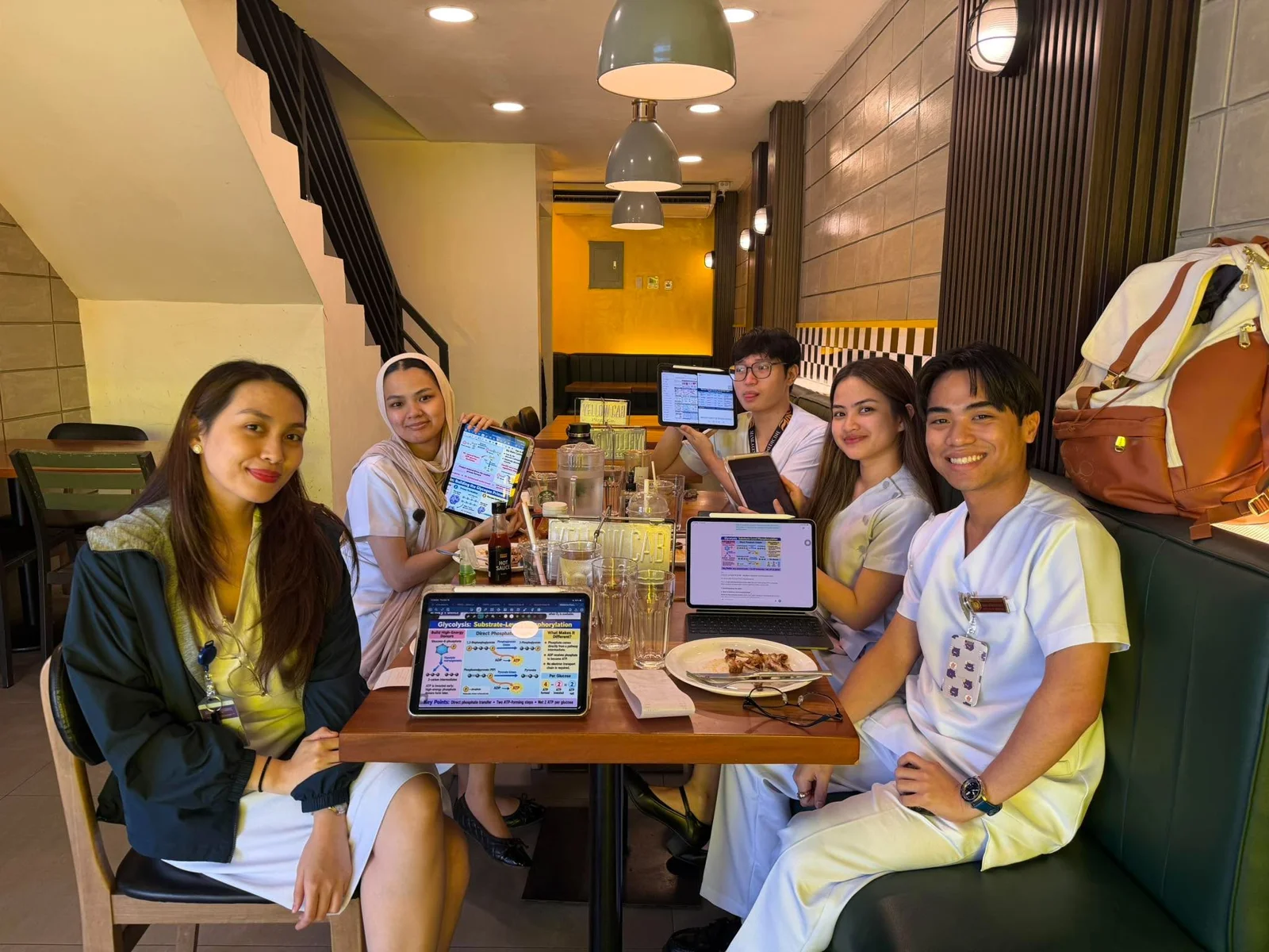 Getting coffee at Starbucks, having lunch at Yellow Cab, and reviewing for our Biochemistry midterm examination together.