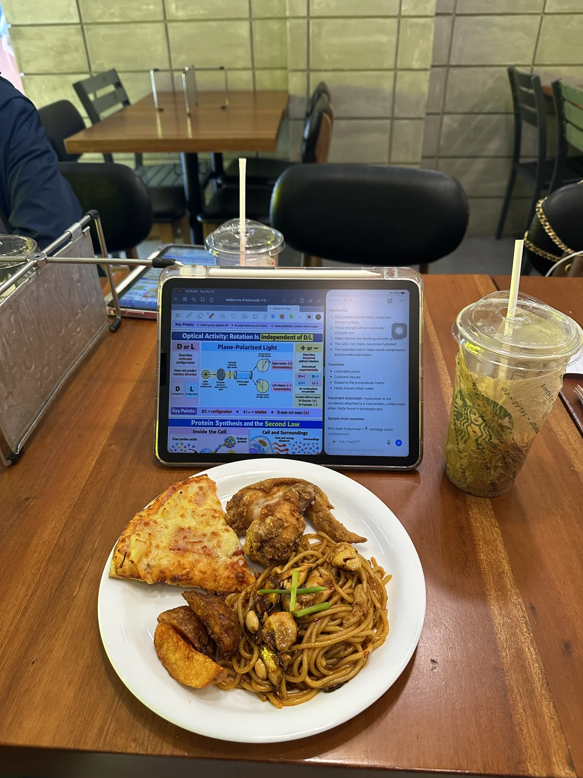 Getting coffee at Starbucks, having lunch at Yellow Cab, and reviewing for our Biochemistry midterm examination together.
